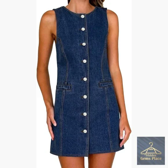 Denim Mini Dress Sleeveless Button Down Pocket Casual Summer - Picture 1 of 7